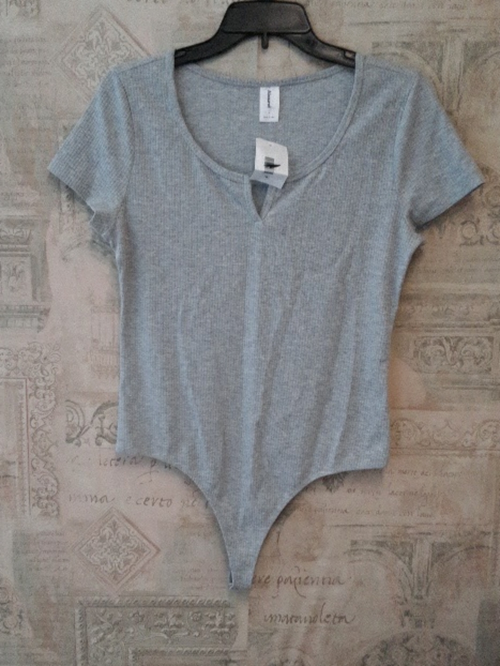 Abound Gray Ribbed V-Notch Short-Sleeve Bodysuit